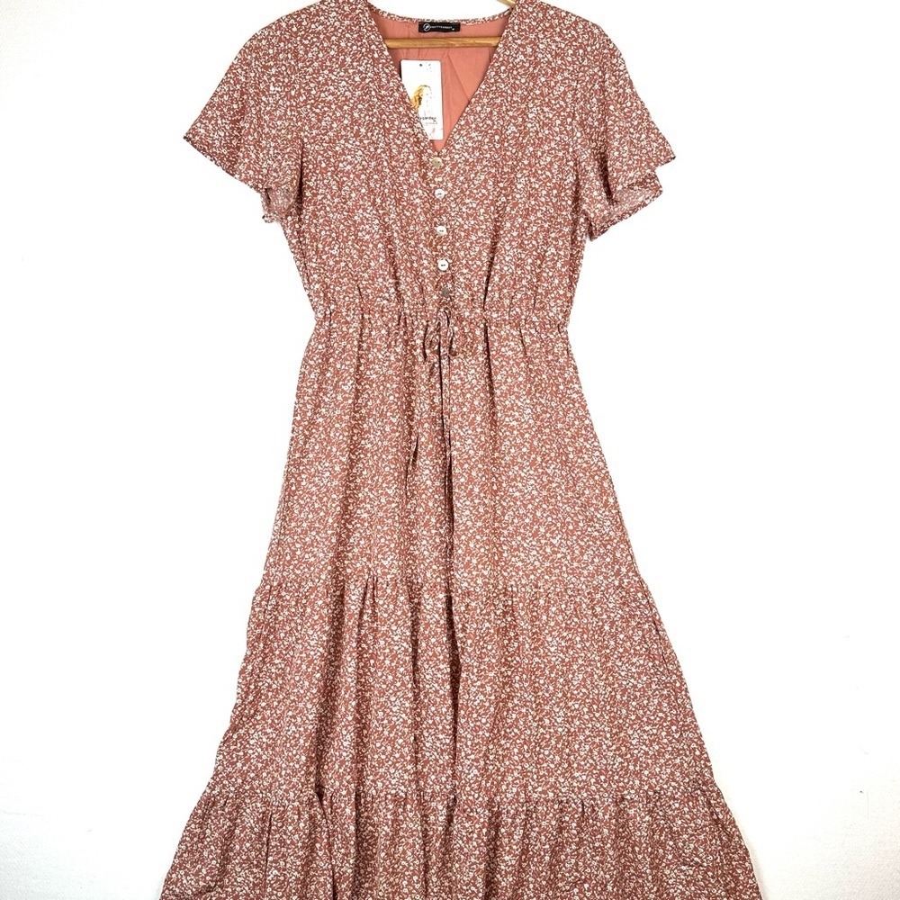 Pretty Garden‎ Ditsy Floral V-Neck Button-down Tiered Maxi Dress NWT Cottgecore